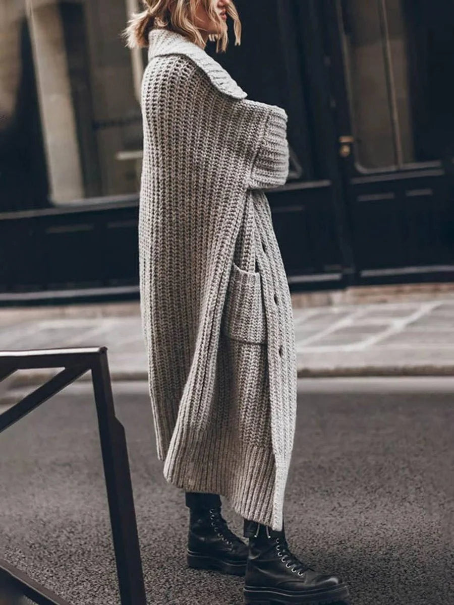 Nuana Marlene Damen Oversized Grobstrick-Cardigan mit Revers und Knöpfen