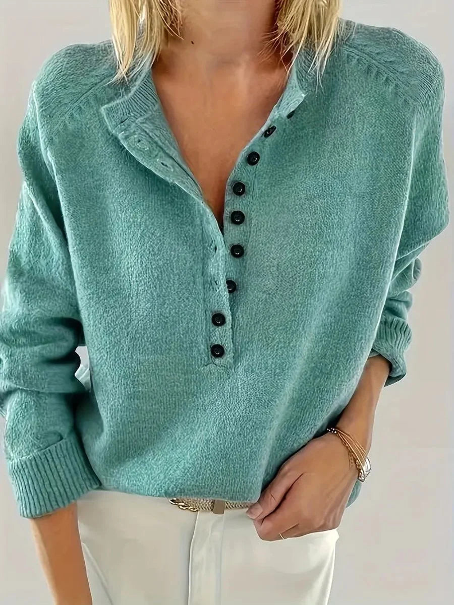 Nuana Marlene Damen Strickpullover mit V-Ausschnitt und Halber Knopfleiste