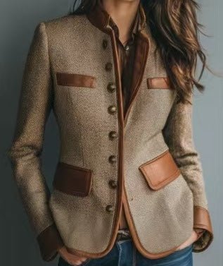 Nuana Marlene Damen Taillierter Tweed-Blazer Kunstleder-Besatz Knopfleiste