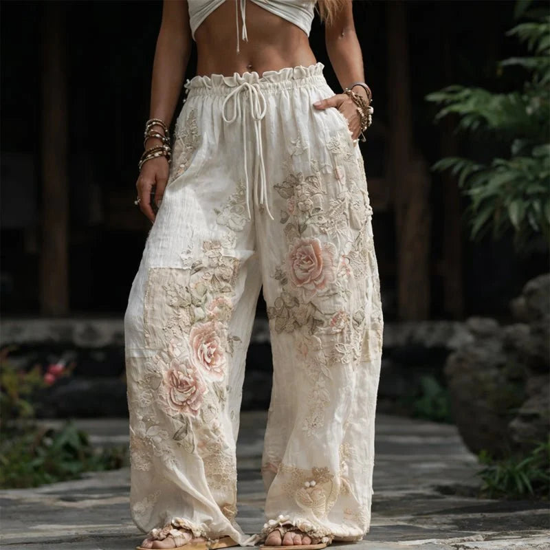Nuana Marlene Damen Weite Hose mit Blumenstickerei und Kordelzug