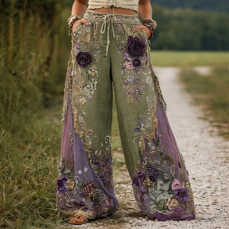 Nuana Marlene Damen Weite Hose mit Blumenstickerei und Kordelzug