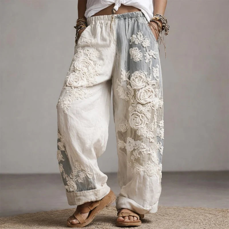 Nuana Marlene Damen Weite Hose mit Blumenstickerei und Kordelzug