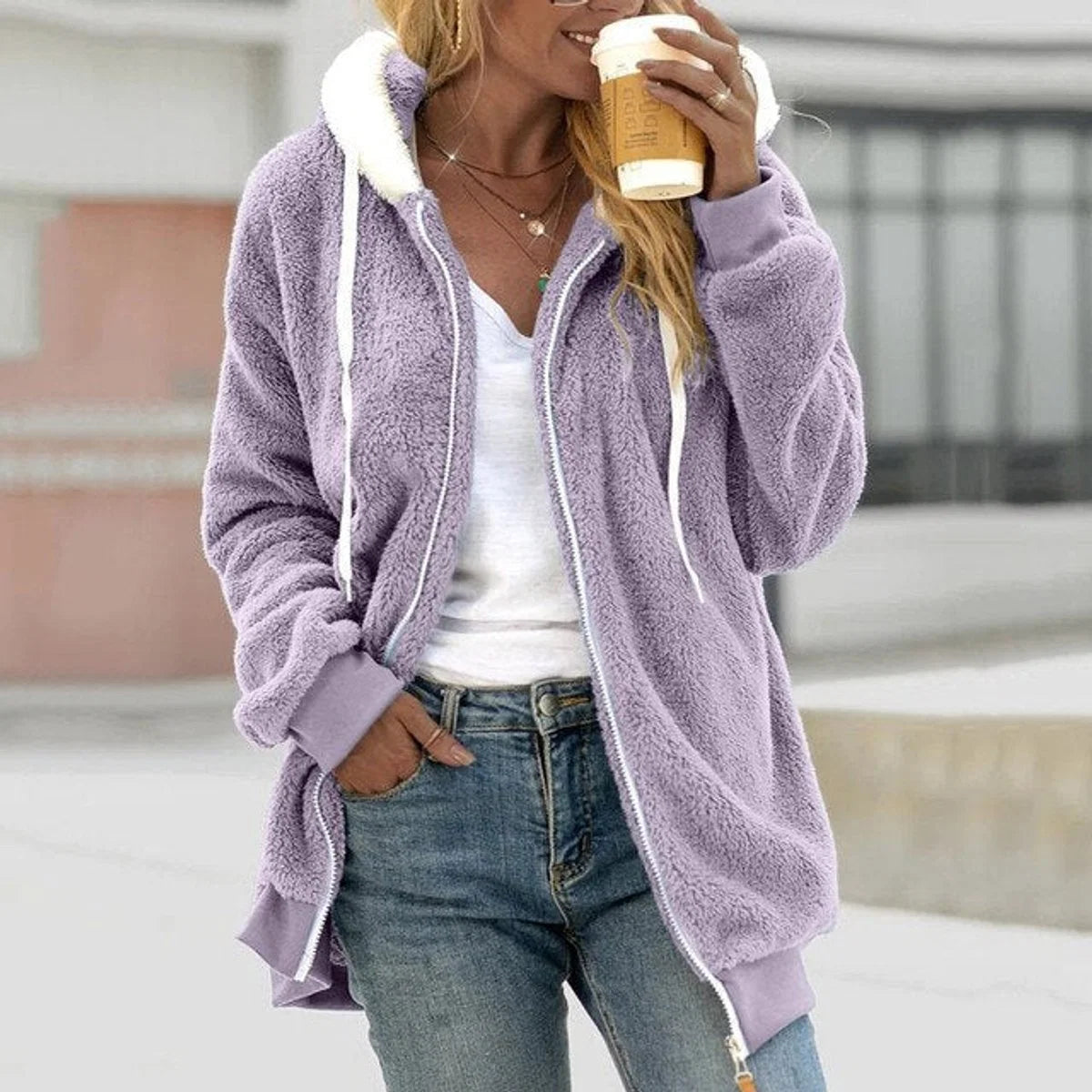 Nuana Marlene | Wollmantel Damen Flauschiger Fleece Kapuzenmantel Reißverschluss