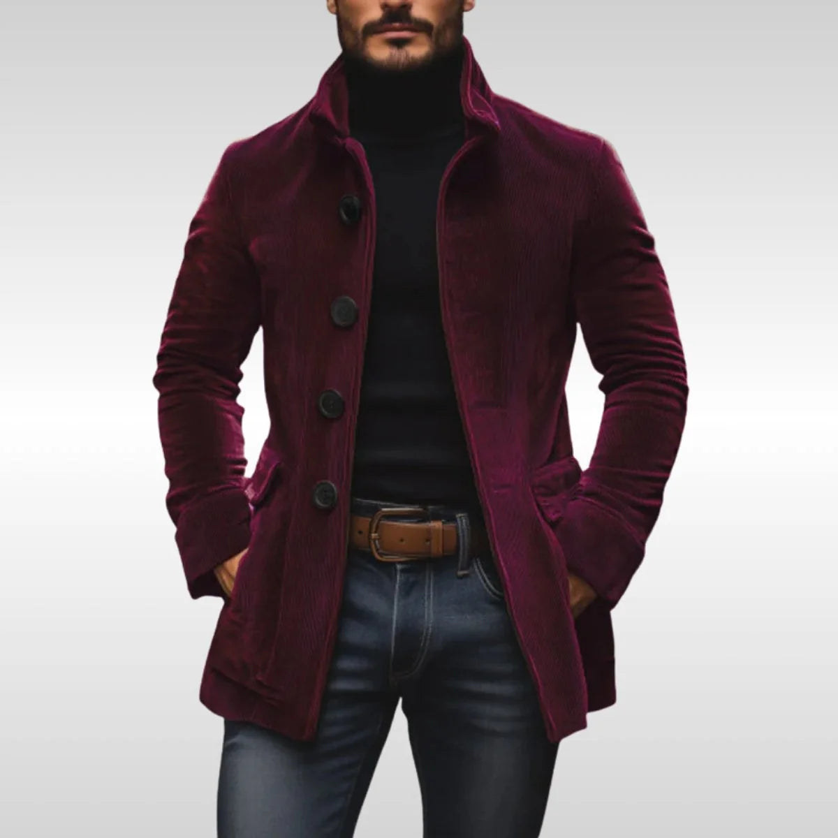Nuana Matthias Herren Slim-Fit Cord Wool Coat mit Stehkragen
