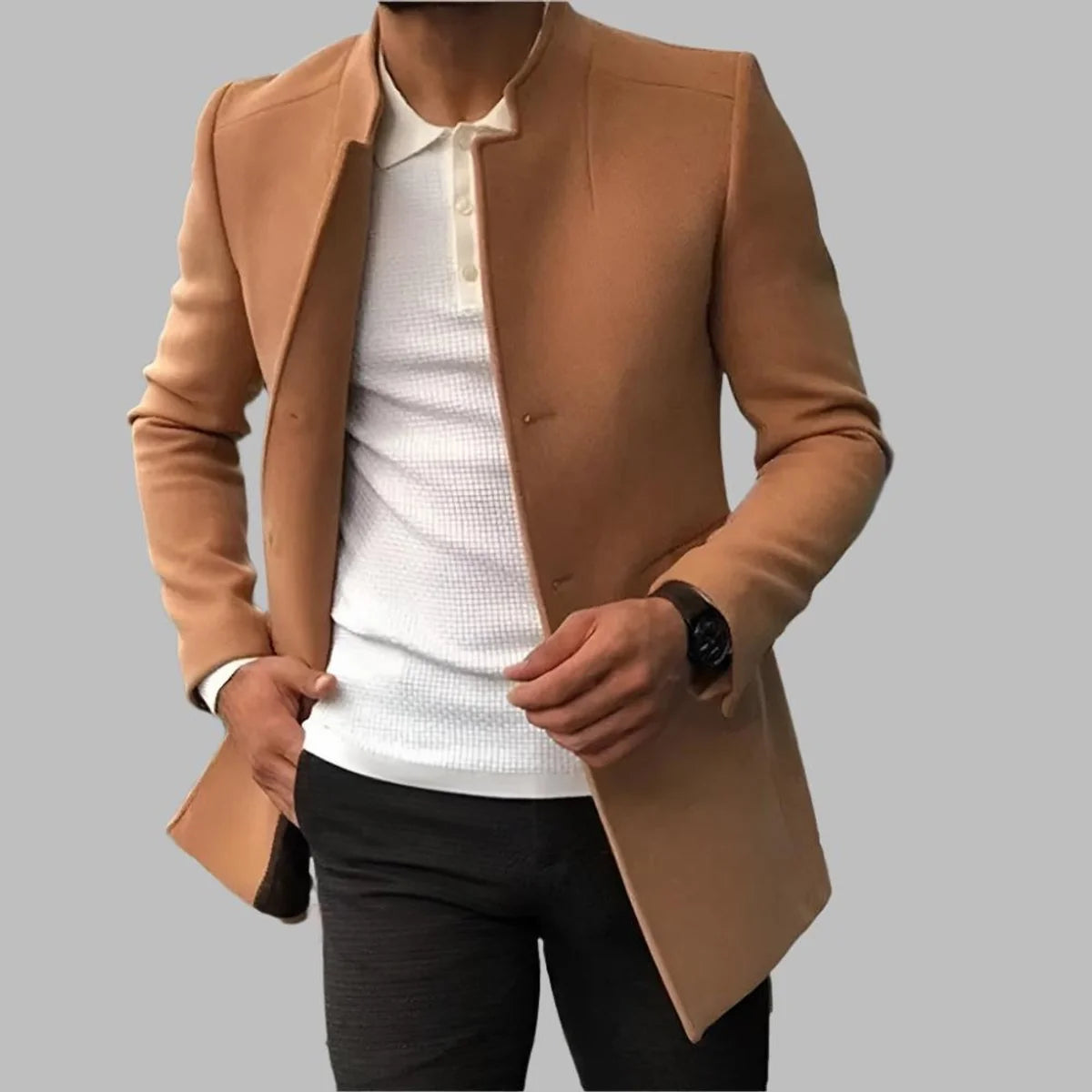 Nuana Matthias | Herren Slim-Fit Wool Coat Eleganter Stehkragen Mantel