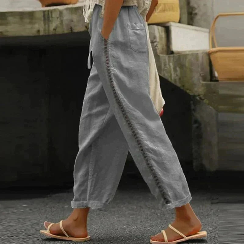 Nuana Mia | Damen High-Waist Leinen-Hose mit seitlichen Knöpfen