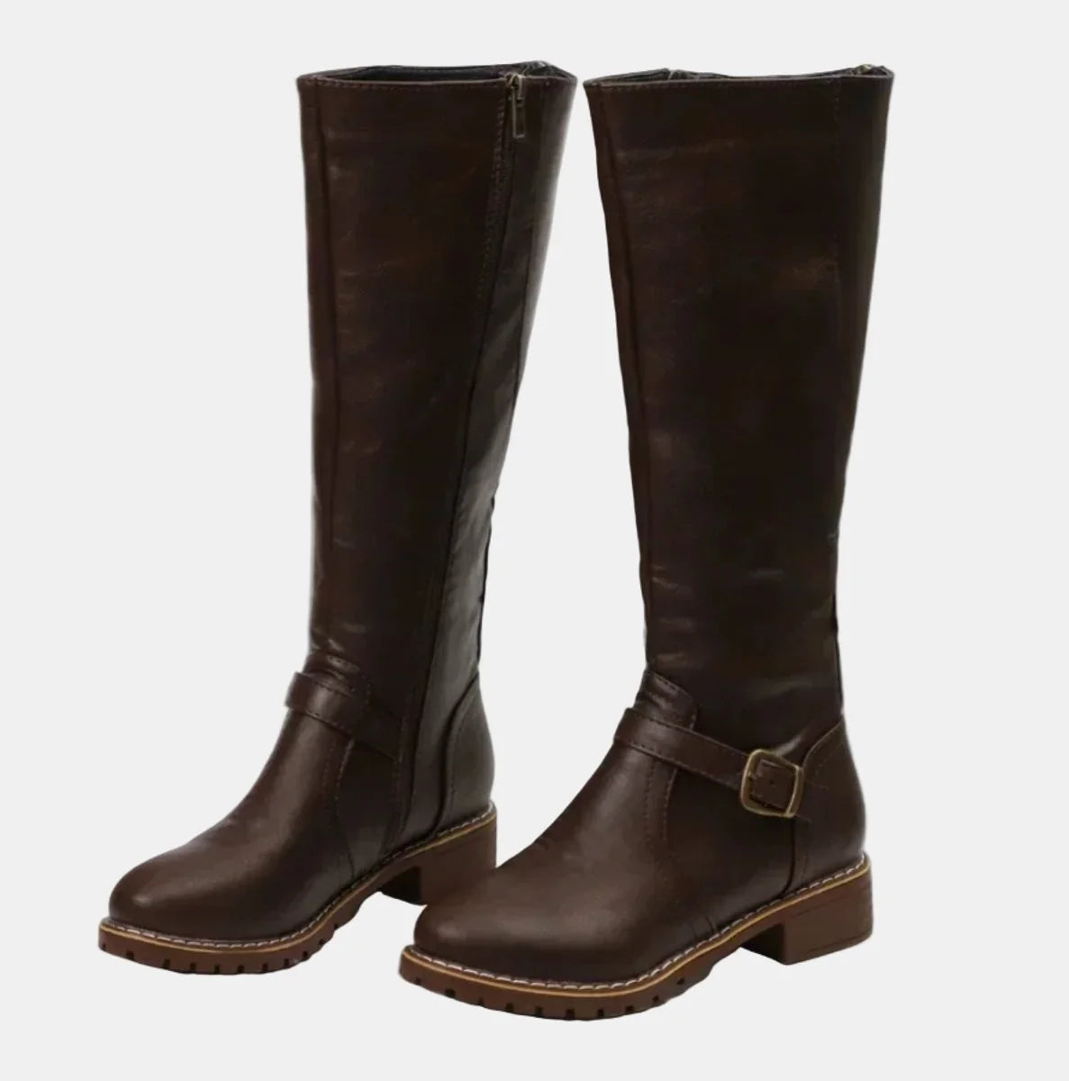 Nuana Nora | Damen Kniehohe Stiefel Kunstleder Schnalle Reißverschluss