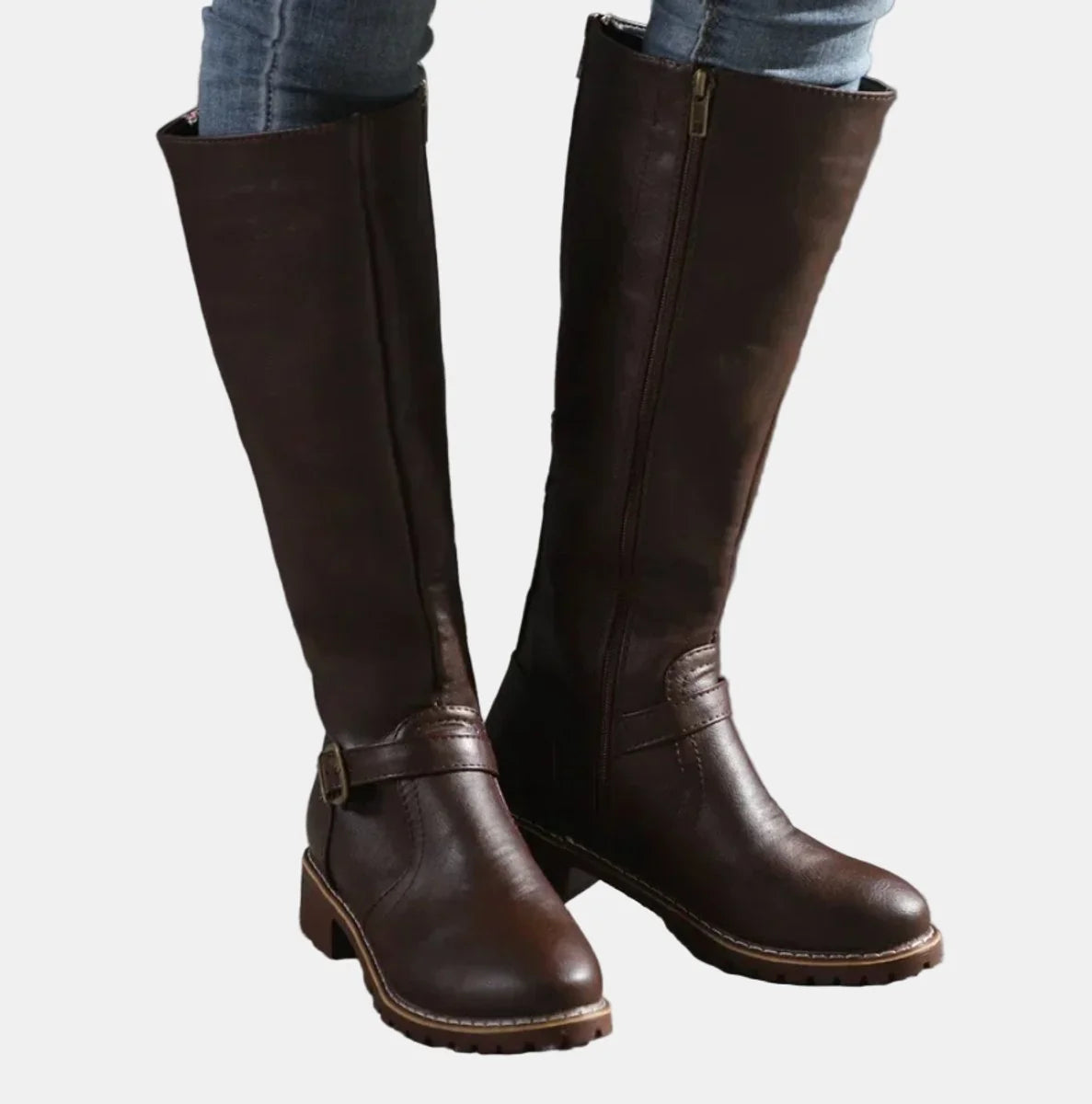 Nuana Nora | Damen Kniehohe Stiefel Kunstleder Schnalle Reißverschluss