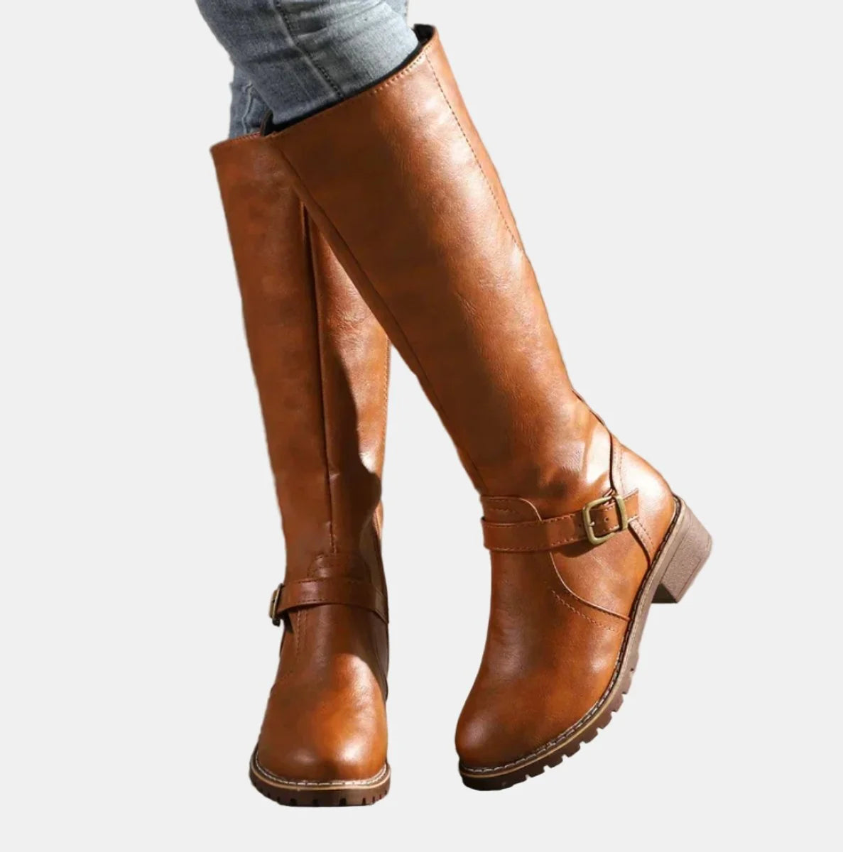 Nuana Nora | Damen Kniehohe Stiefel Kunstleder Schnalle Reißverschluss