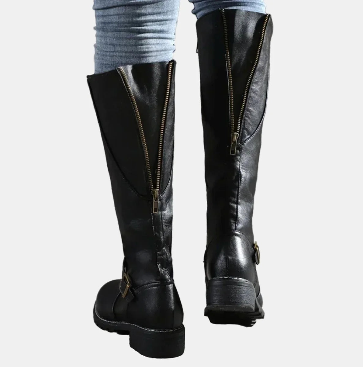 Nuana Nora | Damen Kniehohe Stiefel Kunstleder Schnalle Reißverschluss