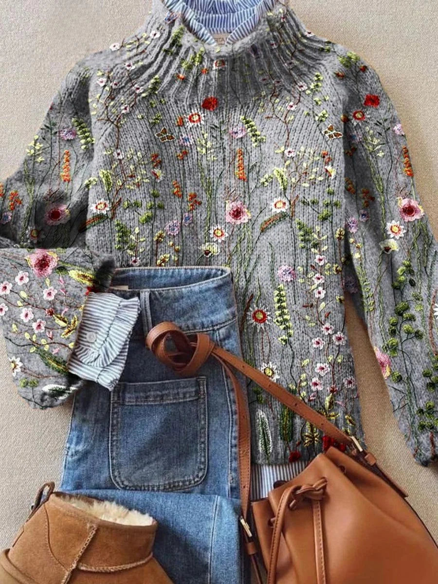 Nuana Sophie Damen Rollkragenpullover Vintage Blumen Strickpullover
