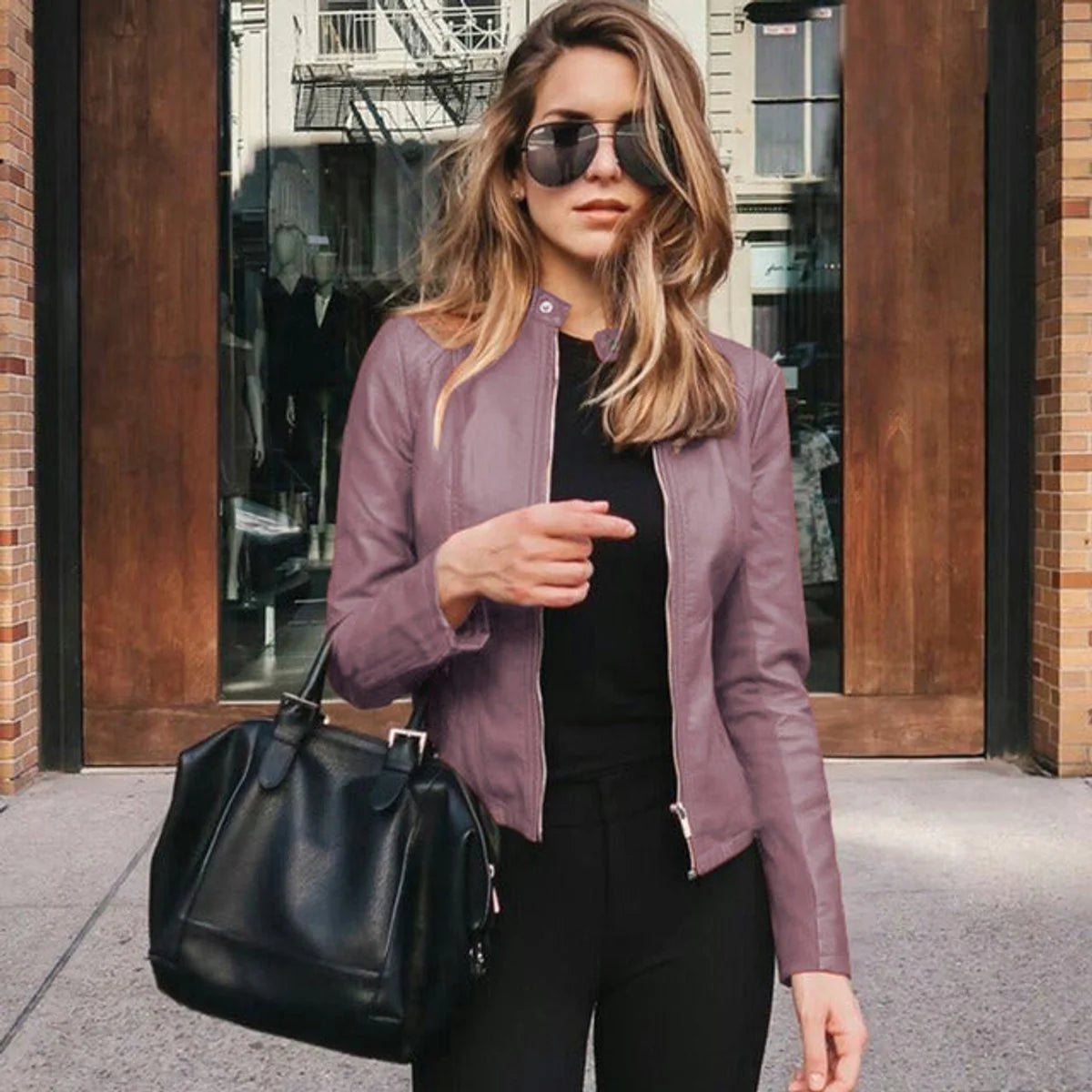 Nuana Sophie | Damen Slim-Fit Kunstleder Bikerjacke mit Reißverschluss