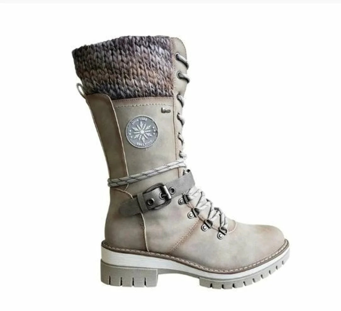 Nuana | Stiefel Damen Wasserfeste Schnürstiefel Kunstleder Strickschaft Schnalle