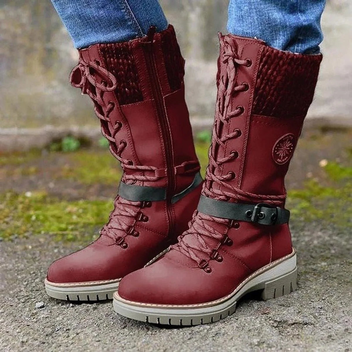 Nuana | Stiefel Damen Wasserfeste Schnürstiefel Kunstleder Strickschaft Schnalle