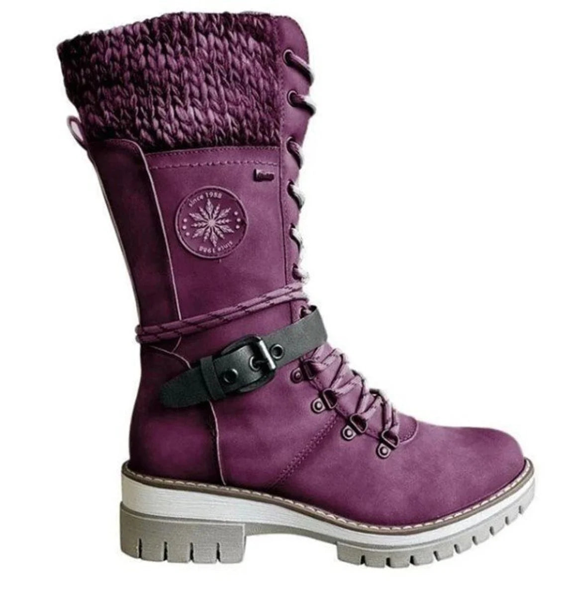 Nuana | Stiefel Damen Wasserfeste Schnürstiefel Kunstleder Strickschaft Schnalle