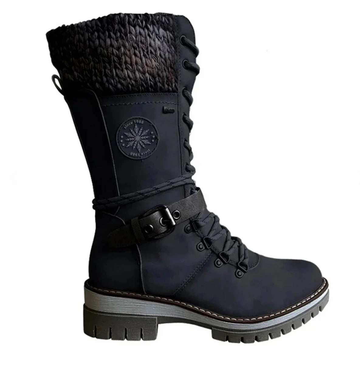 Nuana | Stiefel Damen Wasserfeste Schnürstiefel Kunstleder Strickschaft Schnalle