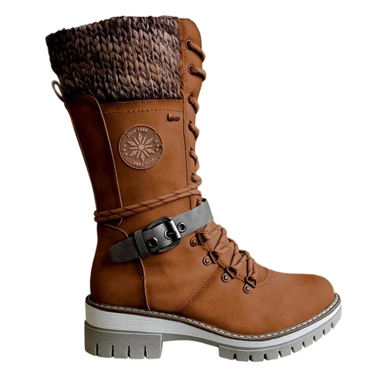 Nuana | Stiefel Damen Wasserfeste Schnürstiefel Kunstleder Strickschaft Schnalle