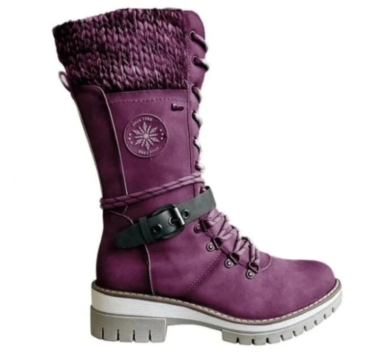 Nuana | Stiefel Damen Wasserfeste Schnürstiefel Kunstleder Strickschaft Schnalle