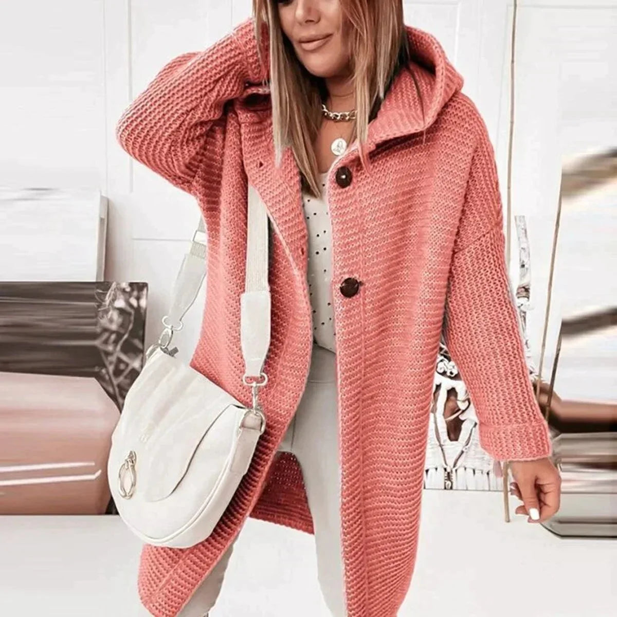 Nuana | Strickjacke Damen Lang Warm Kapuze Knopfleiste Oversized