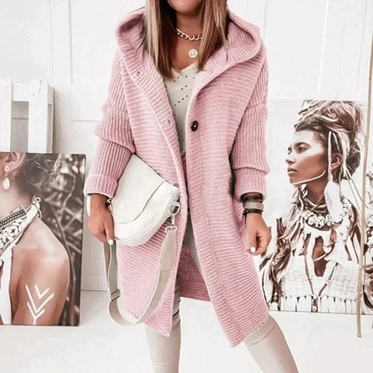 Nuana | Strickjacke Damen Lang Warm Kapuze Knopfleiste Oversized