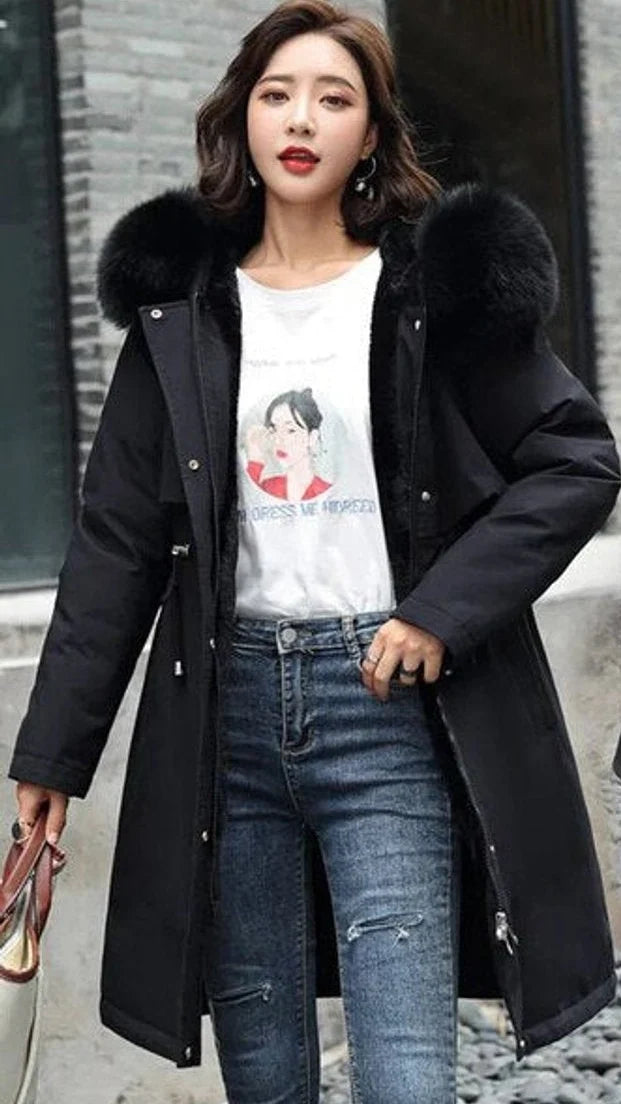Nuana | Wollmantel Damen Langer Parka Kapuze Kunstpelzkragen Wintermantel