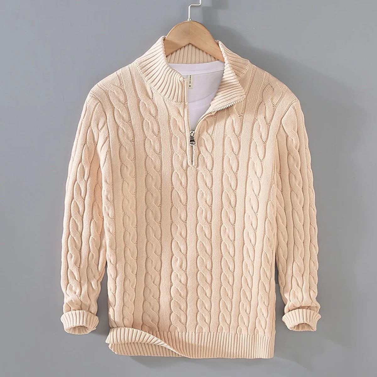 Simon | Herren Pullover Strick Halbzip Zopfmuster Baumwollmischung