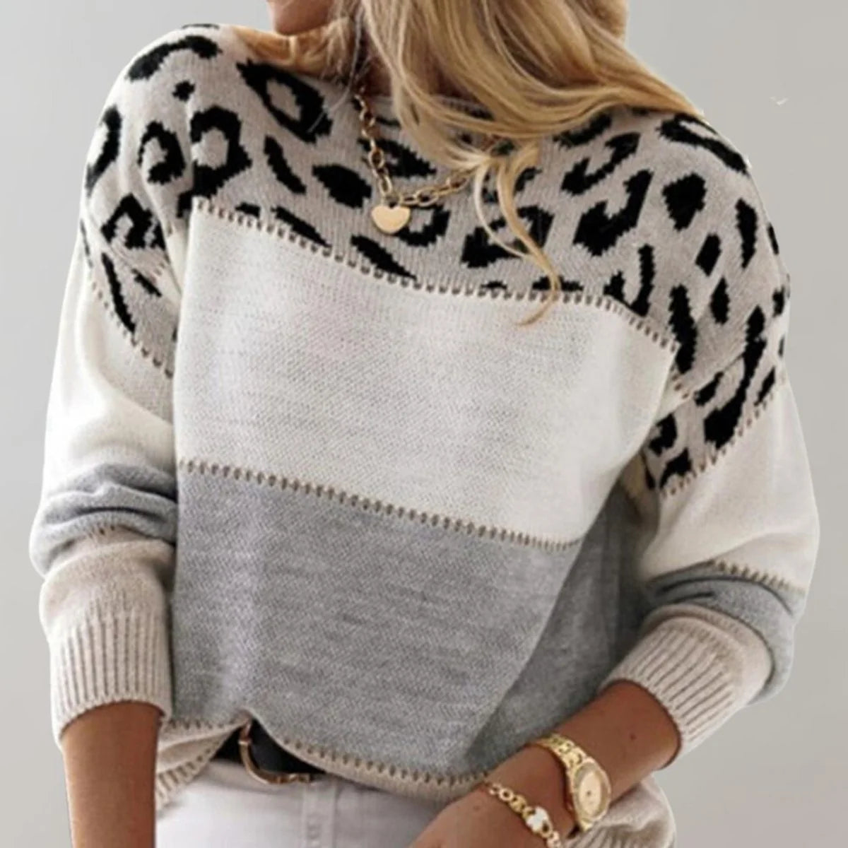 Sophie | Damen Strickpullover mit Leopardenmuster Colorblock Rundhals