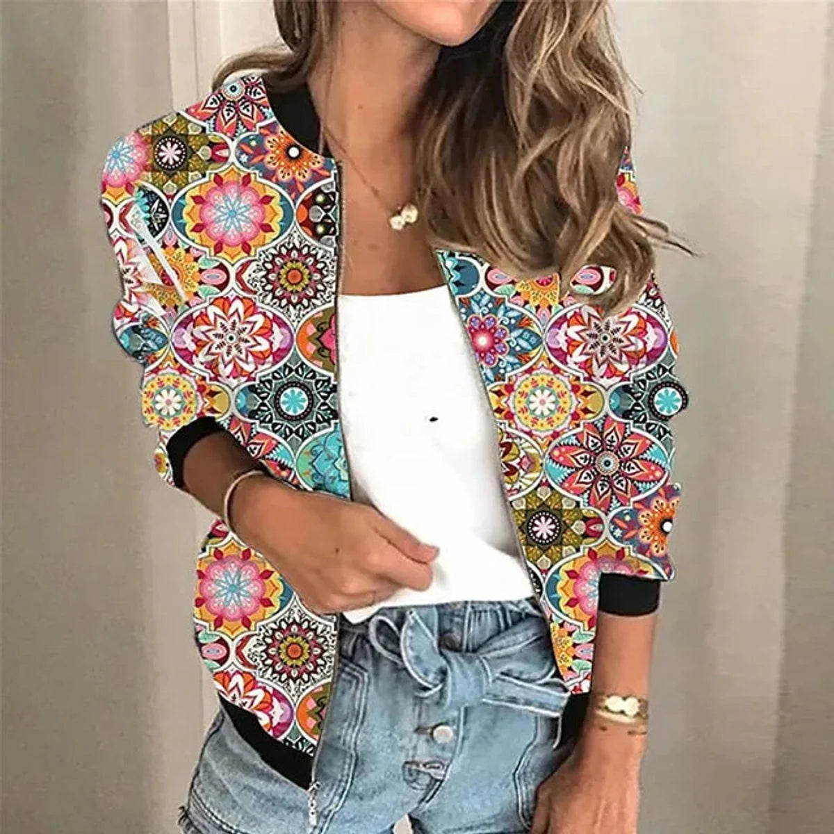Sophie | Winterjacke Damen Blumen-Print Vintage Bomber-Jacke mit Reißverschluss