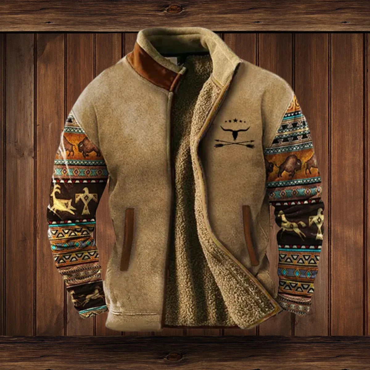 Alexander | Herren Fleece-Outdoorjacke mit Azteken-Muster Sherpa-Futter Reißverschluss