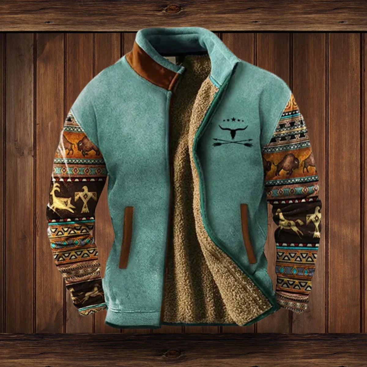 Alexander | Herren Fleece-Outdoorjacke mit Azteken-Muster Sherpa-Futter Reißverschluss
