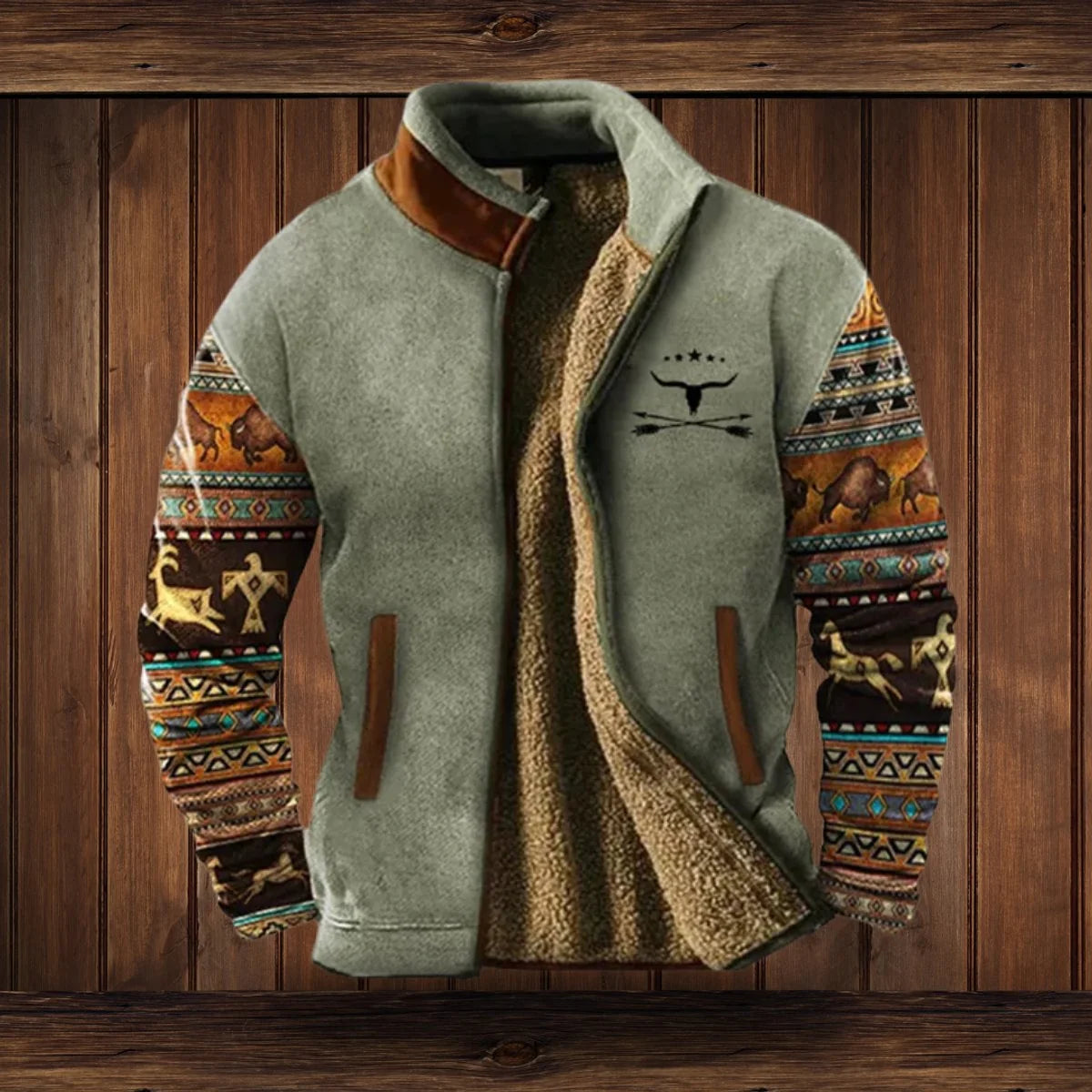 Alexander | Herren Fleece-Outdoorjacke mit Azteken-Muster Sherpa-Futter Reißverschluss