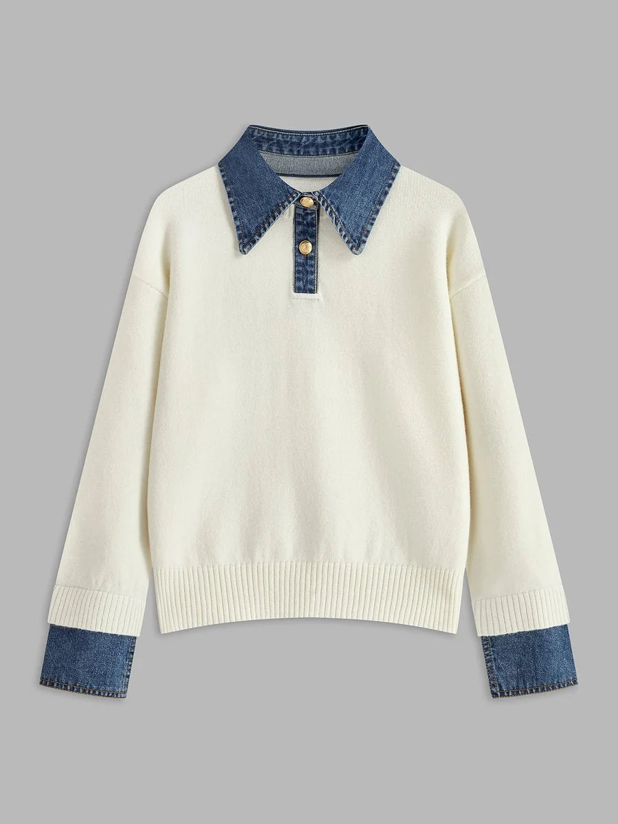 Amelie | Damen 2-in-1 Strick-Sweater mit Denim-Kragen und Metallknöpfen