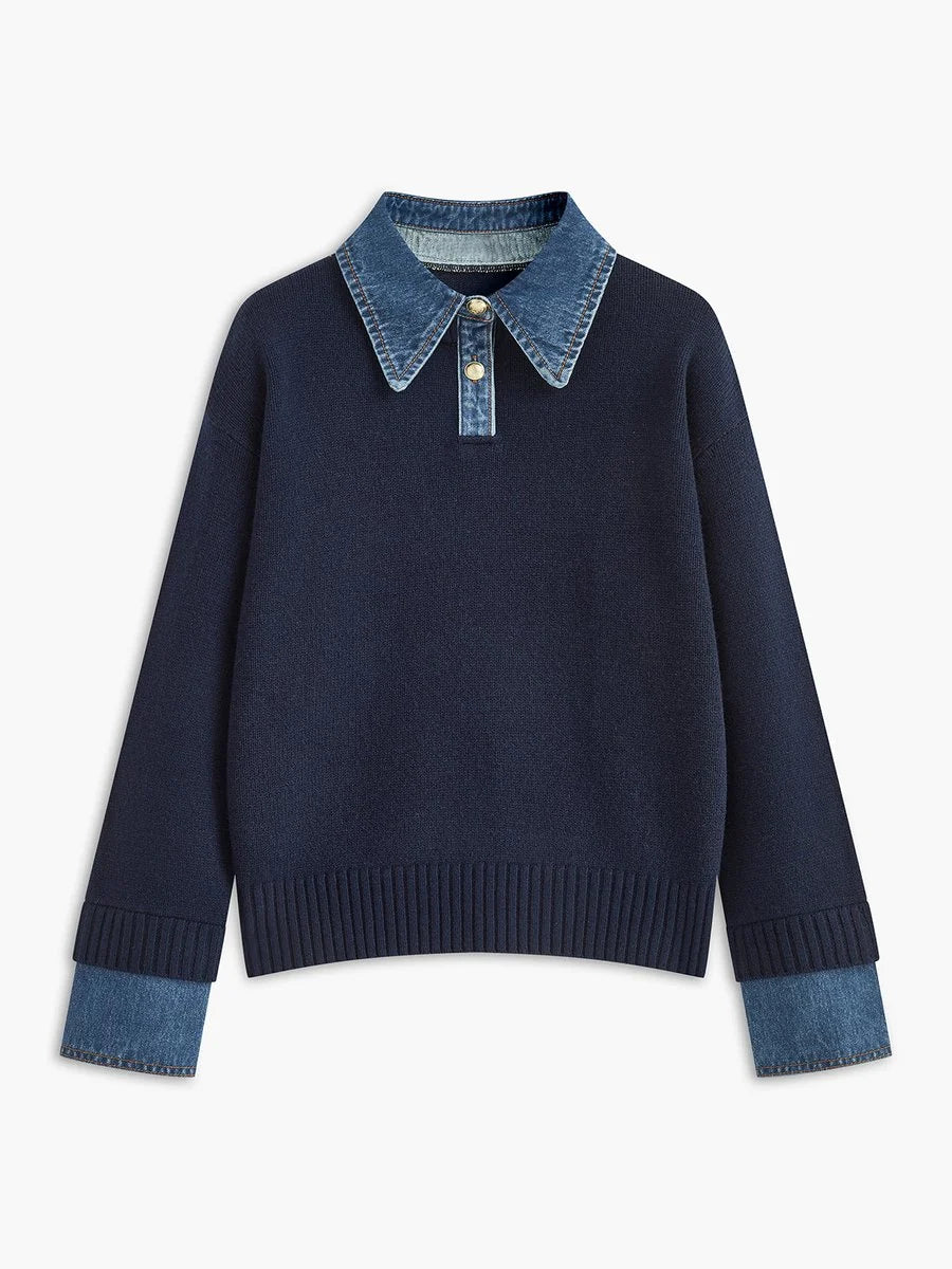 Amelie | Damen 2-in-1 Strick-Sweater mit Denim-Kragen und Metallknöpfen