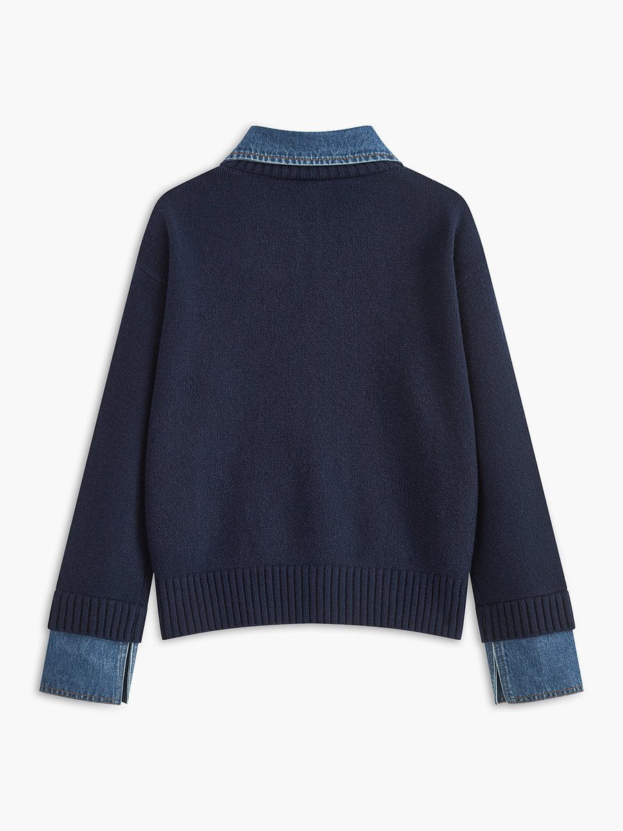 Amelie | Damen 2-in-1 Strick-Sweater mit Denim-Kragen und Metallknöpfen