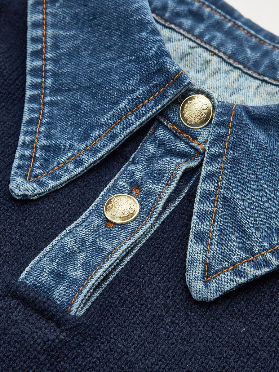 Amelie | Damen 2-in-1 Strick-Sweater mit Denim-Kragen und Metallknöpfen