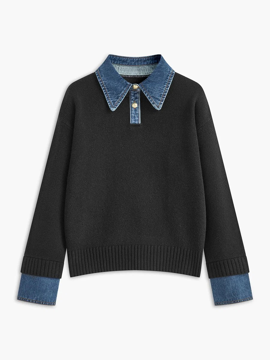 Amelie | Damen 2-in-1 Strick-Sweater mit Denim-Kragen und Metallknöpfen
