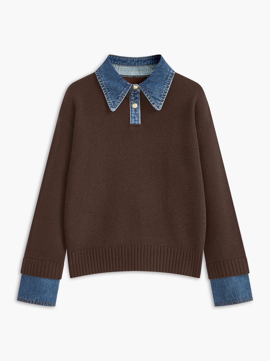 Amelie | Damen 2-in-1 Strick-Sweater mit Denim-Kragen und Metallknöpfen