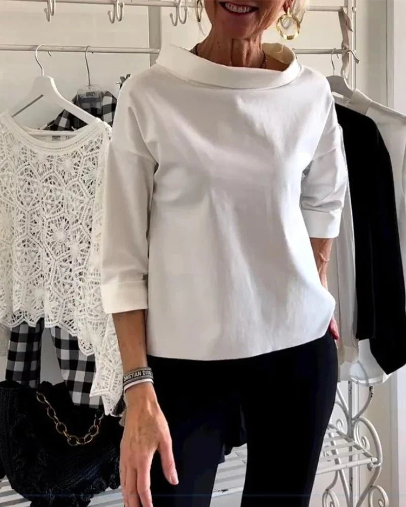 Amelie | Damen Wasserfallkragen Dreiviertelarm Casual Oberteil