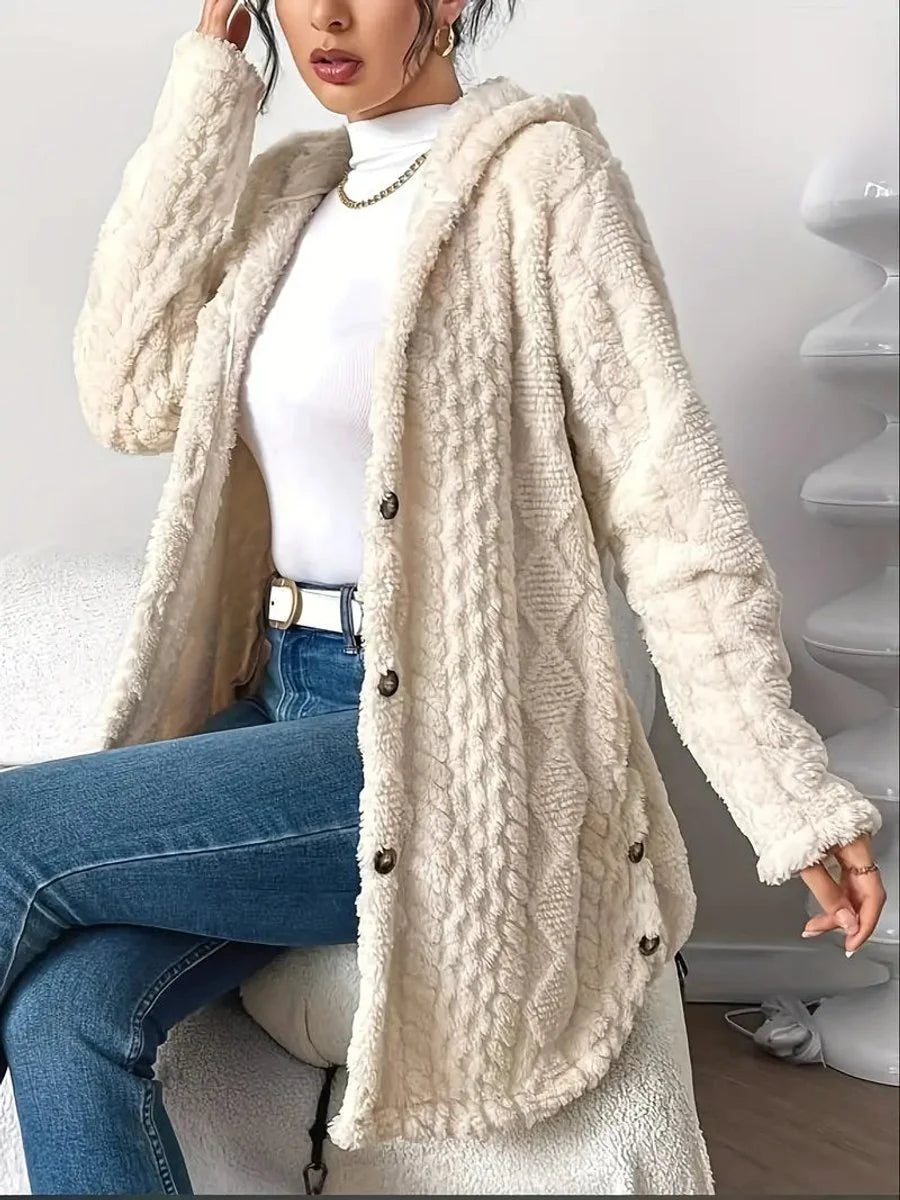 Annika | Damen Flauschiger Kapuzen-Cardigan Oversized Geknöpft