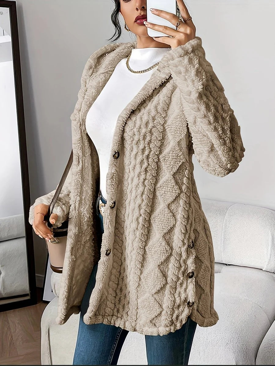 Annika | Damen Flauschiger Kapuzen-Cardigan Oversized Geknöpft