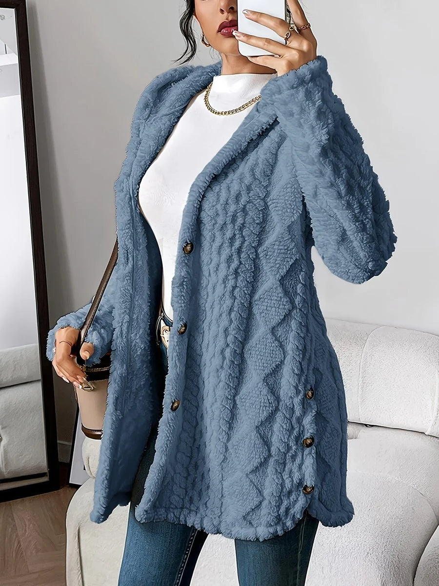 Annika | Damen Flauschiger Kapuzen-Cardigan Oversized Geknöpft