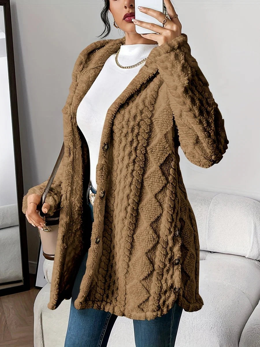 Annika | Damen Flauschiger Kapuzen-Cardigan Oversized Geknöpft