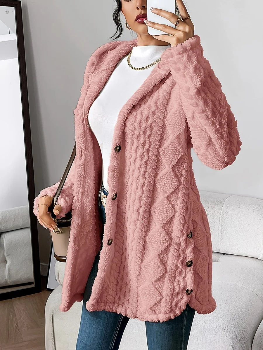 Annika | Damen Flauschiger Kapuzen-Cardigan Oversized Geknöpft