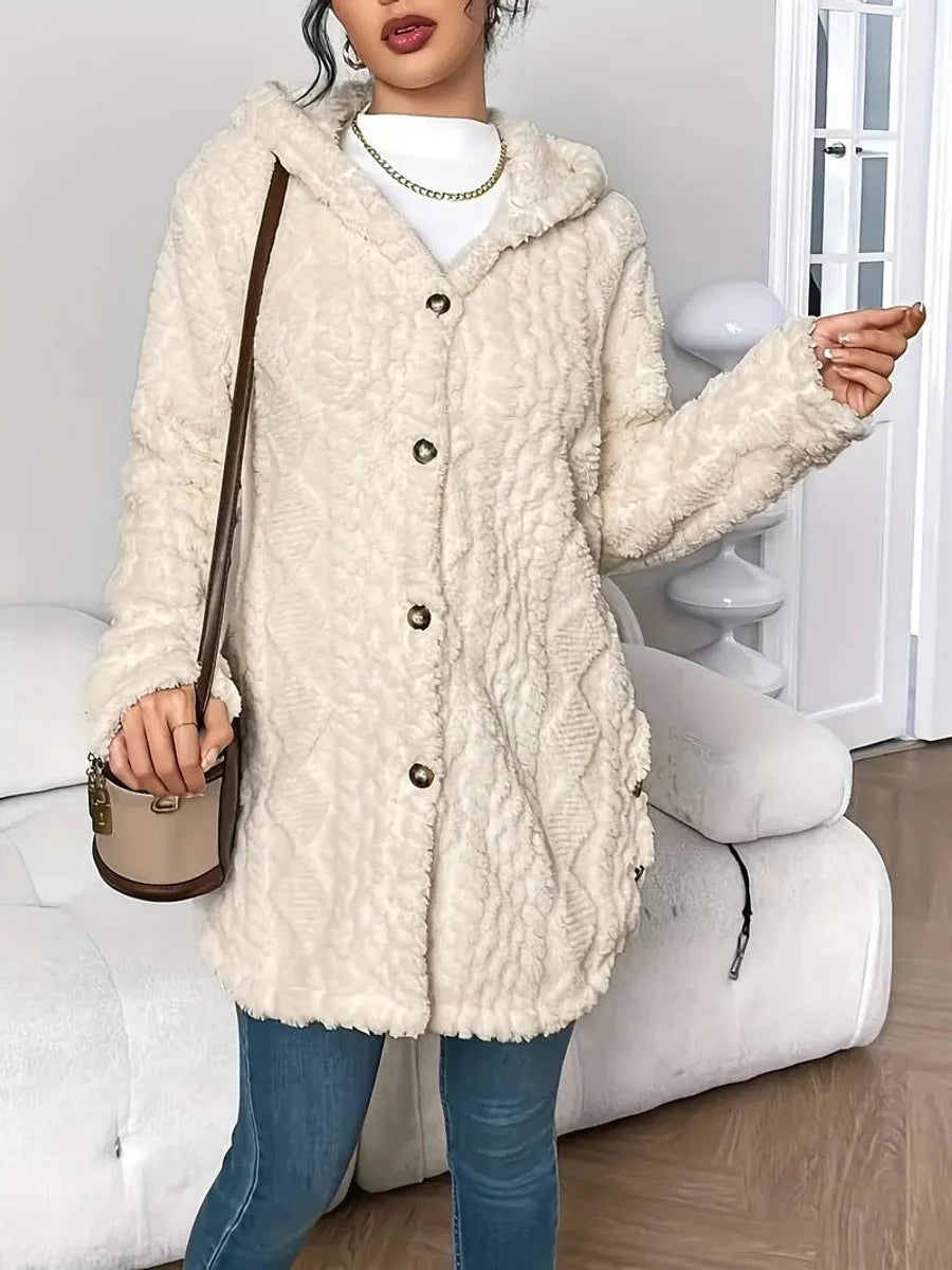 Annika | Damen Flauschiger Kapuzen-Cardigan Oversized Geknöpft