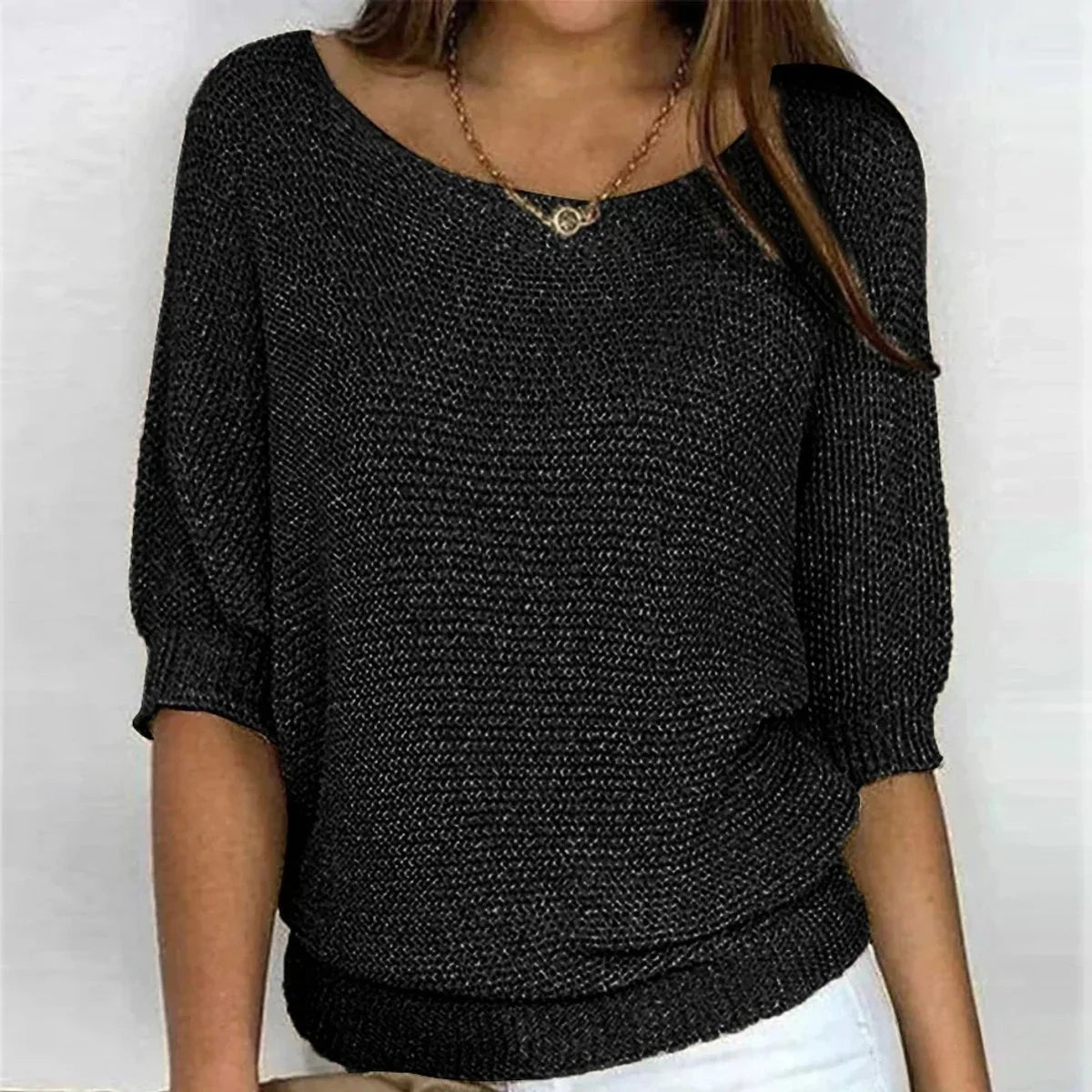 Charlotte | Damen Grobstrick-Pullover Rundhals Halbarm Lässiger Strickpullover