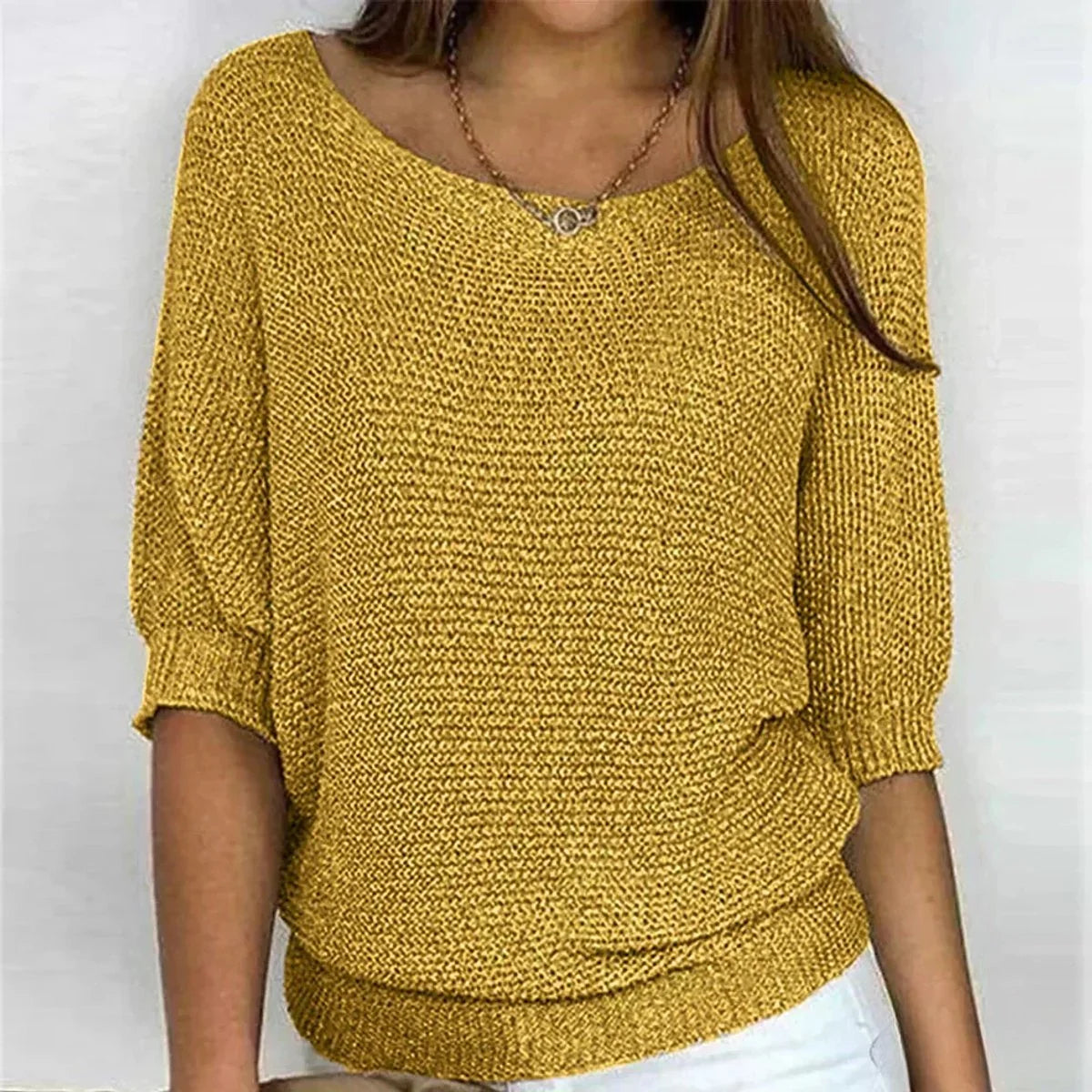 Charlotte | Damen Grobstrick-Pullover Rundhals Halbarm Lässiger Strickpullover