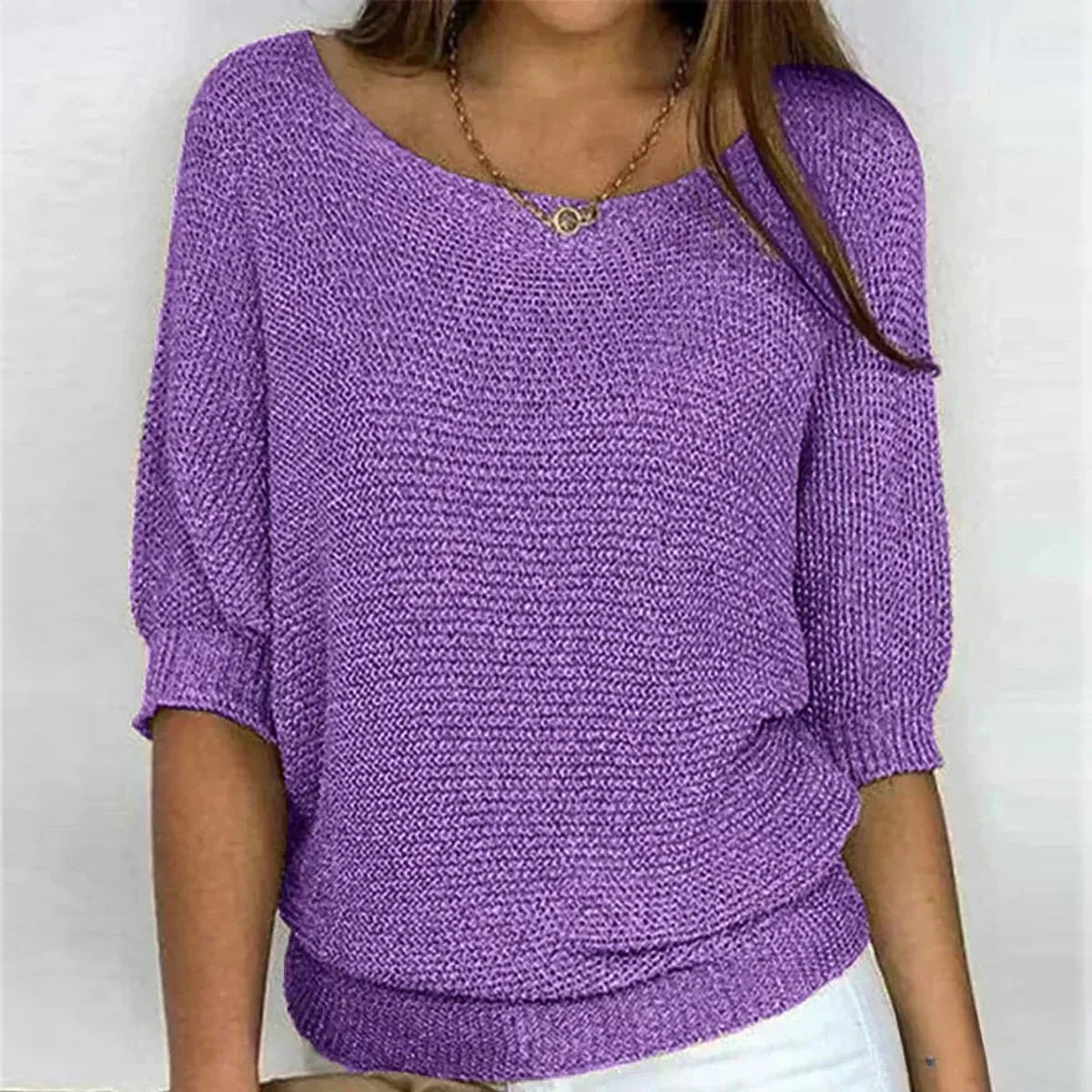 Charlotte | Damen Grobstrick-Pullover Rundhals Halbarm Lässiger Strickpullover