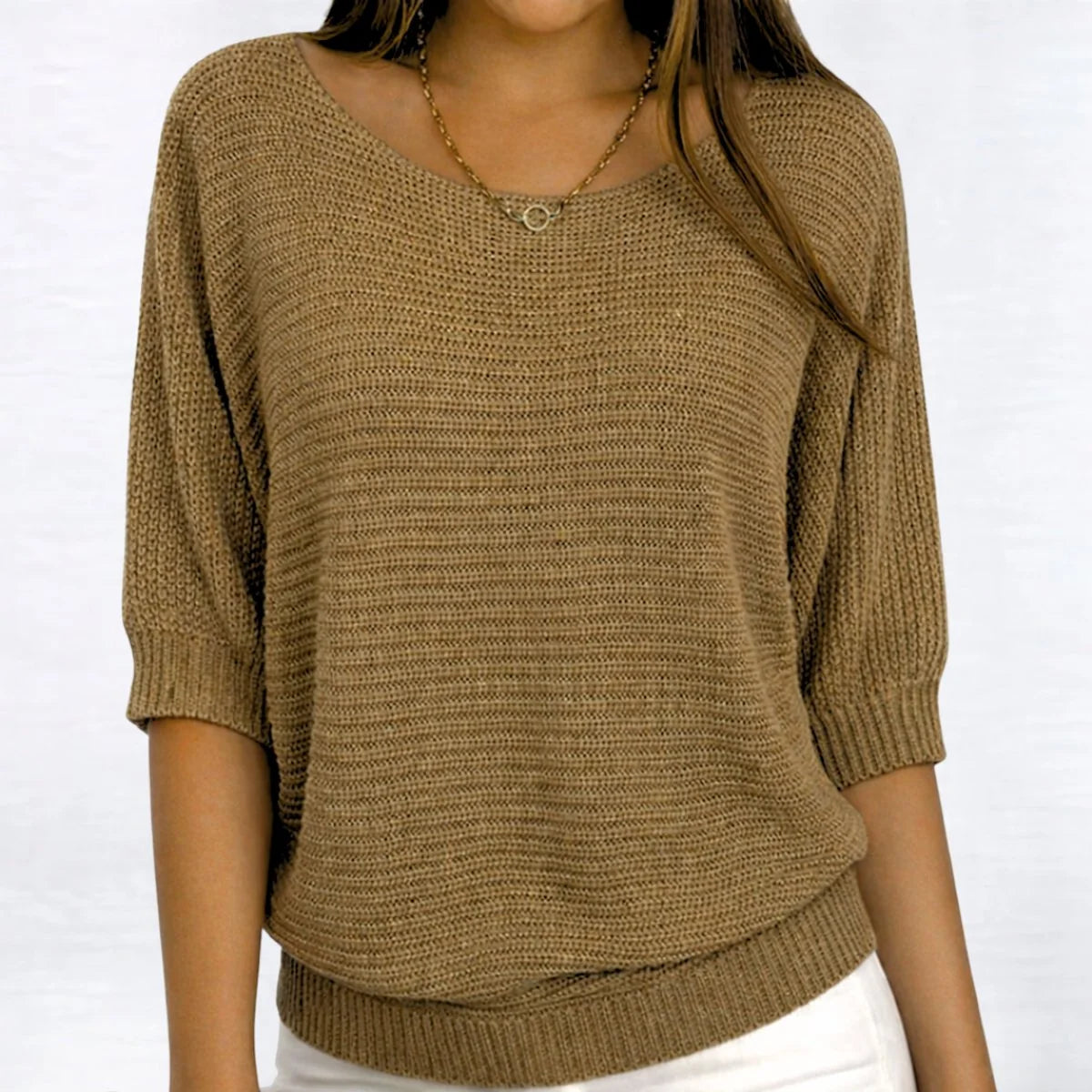 Charlotte | Damen Grobstrick-Pullover Rundhals Halbarm Lässiger Strickpullover