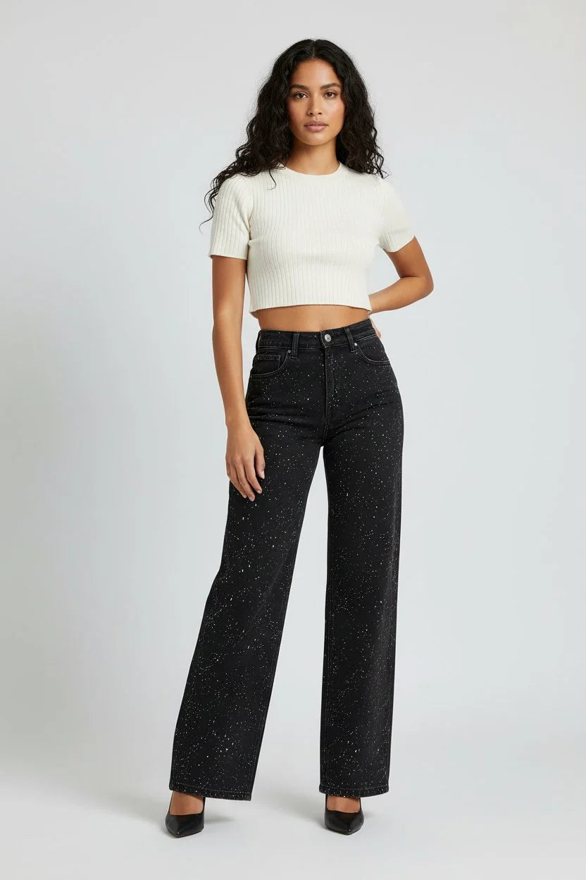 Charlotte | Damen High-Waist Straight-Leg Glitzer-Jeans