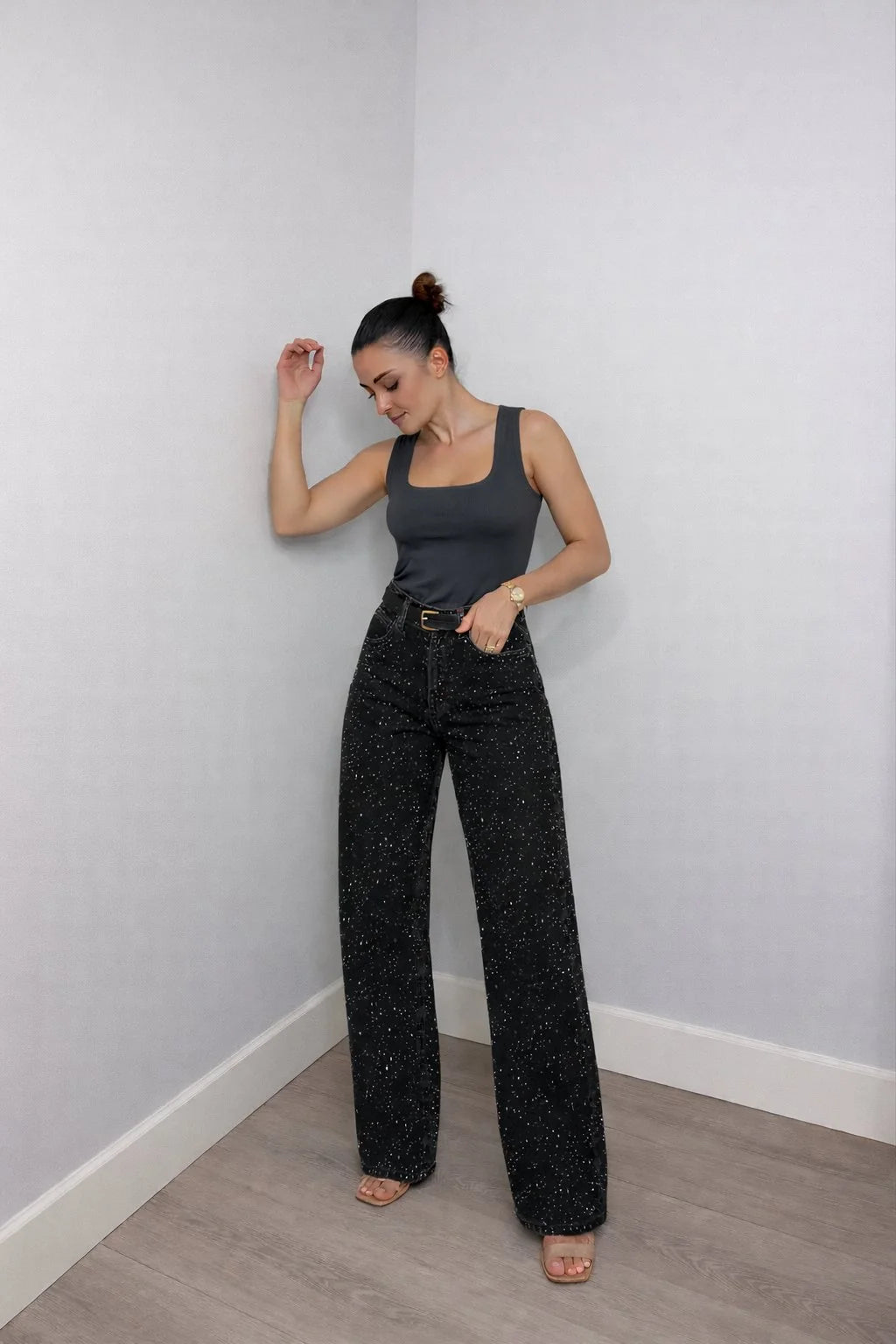 Charlotte | Damen High-Waist Straight-Leg Glitzer-Jeans